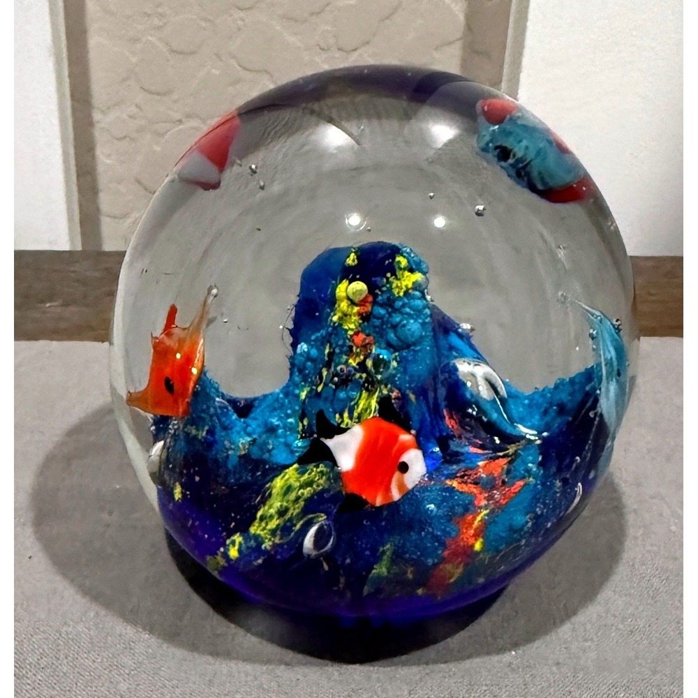 Vibrant Tropical Fish Coral Reef Art Glass Paperweight Controlled Bubbles 3in